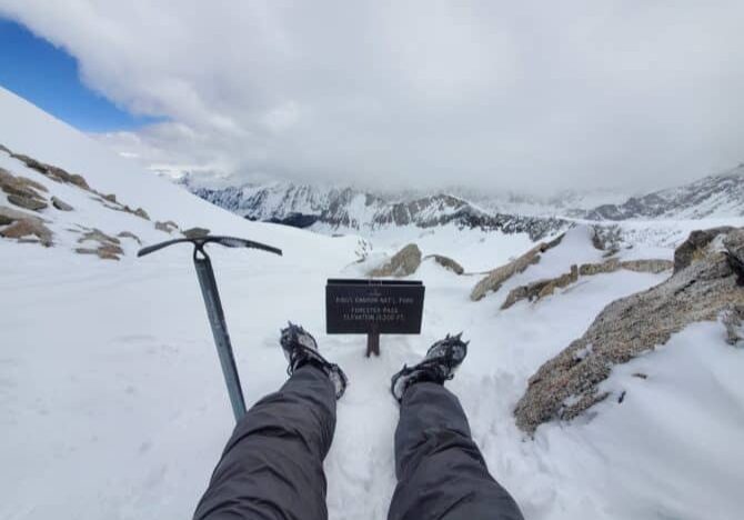 Forester Pass, the highest point on the PCT and JMT, on May 26, 2019. It still looks like ski season. Photo: Justin McCormick