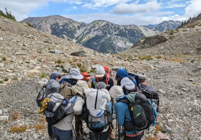 An Olympics group plots their next move off-trail, guided by Richard (rear center)