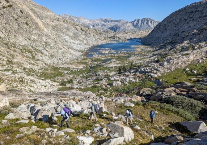 Working our way through an off-trail valley towards a pass and another off-trail valley in Inyo National Forest