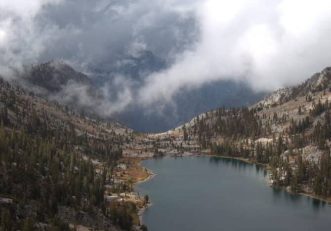 Typical weather of a monsoon event: reduced visability, rain/sleet/hail, dropping temperatures. Windy Ridge looking over the Middle Fork.