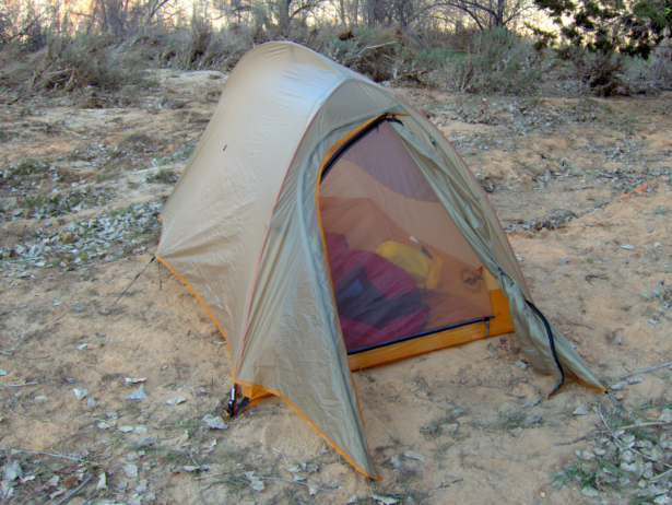 The Big Agnes Fly Creek UL1, the more affordable cousin of the Platinum. The two tents are nearly identical, except for fabric and pole substitutions.