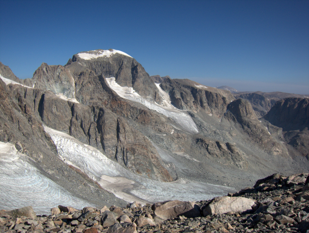 A view of Wyoming's high point, Gannett Peak (elev 13,809'), from Bonney Pass, which the topographic and probably emotional high point for two section-hikes.