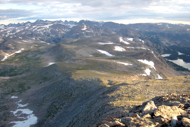 From Europe Peak, a mid-route high point, looking north over the broad Continental Divide towards the range's northern peaks. There is no shortage of alpine travel on the Wind River High Route. 