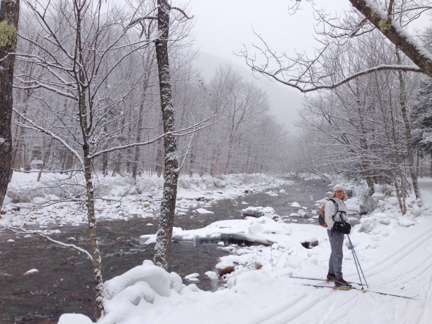 Alison skiing fresh powder in New Hampshire’s White Mountains. No wonder that that cross-country skiing may be our favorite shared outdoor activity.
