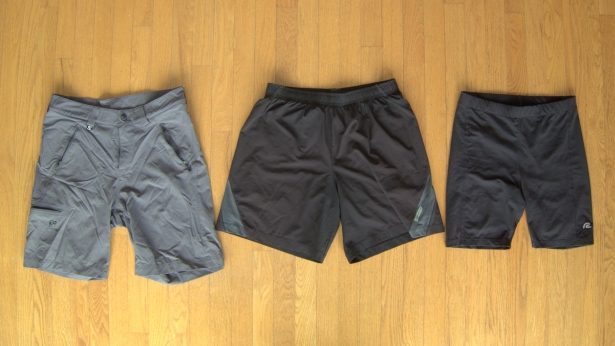Traditional hiking shorts, left. Running shorts, center, my preferred pick. And tight shorts, right, which are functional but socially awkward.