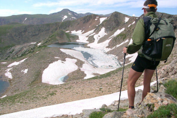 Overlooking Iceberg Lakes from the Continental Divide, late-July 2003, outfitted with GoLite Stride shorts and the first-generation Jam backpack.