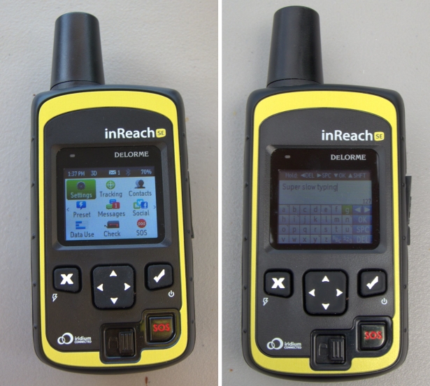 The inReach SE homescreen (left). The virtual keyboard on both inReach units is painfully slow. If you want to send any other messages besides the preset options, type messages with your smartphone using the Earthmate app.