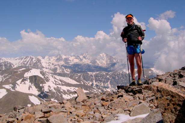 From the summit of Mt Audobon, looking north towards Longs Peak, May 2003. The Ooh La La Extra Credit Route follows the windswept ridgeline in the lower-left corner of the photo.