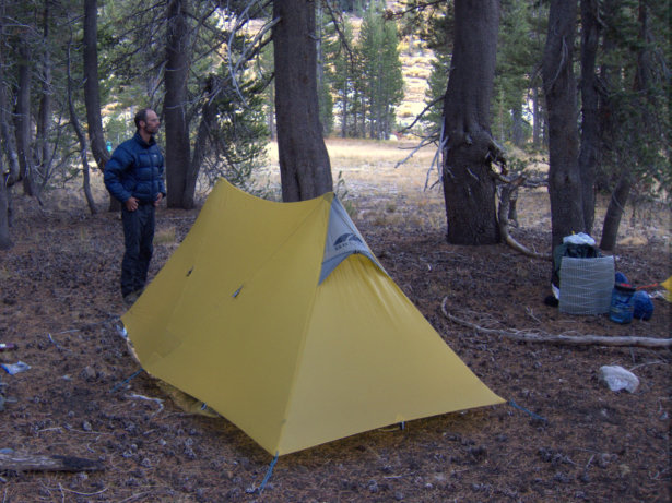A camp among lodgepole pines in Yosemite. Notice the meadow just beyond the treeline -- lacking thermal cover, a campsite out there would be much colder.