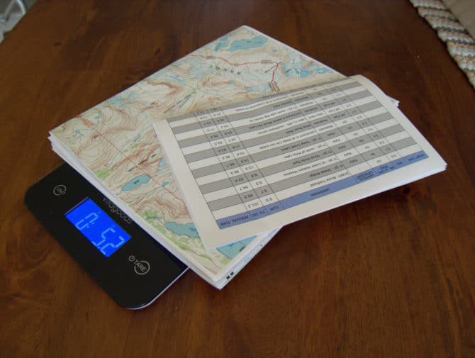 When printed single-sided on 24-lb 11 x 17 paper, the full mapset and databook weigh about 5 oz. If printed double-sided, the weight is halved.