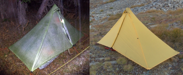 Same shelter, different fabrics. The shelter on the left, made of Dyneema Composite Fabric, retails for $425 or $445. The shelter on the right, made of a sil-nylon, costs $255. The DCF versions weigh 20 to 35 percent less.