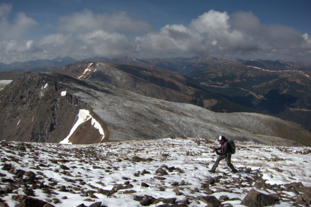Testing traction on Parry Peak, a 13'er, which had been hammered by hail the afternoon prior.