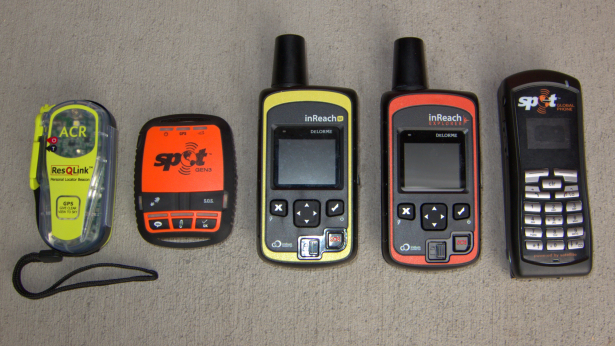 The range of satellite communicators. Left to right: ACR Personal Locator Beacon (PLB), SPOT Gen3 Messenger, DeLorme inReach SE and Explorer messengers, and SPOT Global Phone