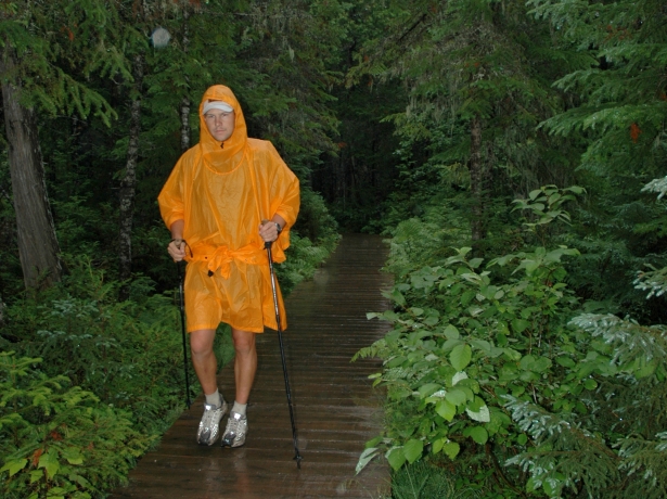 A poncho is a decent and understandable choice when hiking on-trail in mild temperature and high humidity, such as was the case in Quebec's Chic Choc Mountains in August 2004.