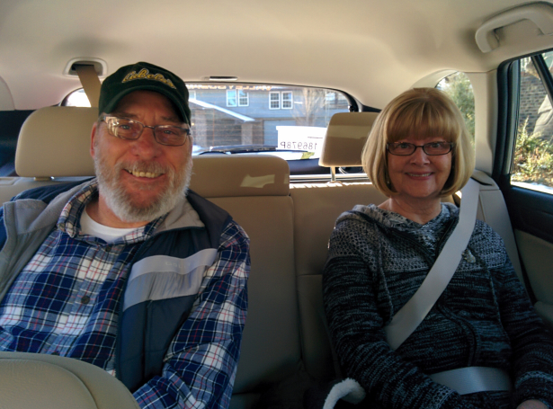 My in-laws, Rick and Bonnie, in the backseat before going for a little cruise through the foothills. Rick joined me yesterday to buy the car -- since he was a car salesman for 15 years, I took his lead.