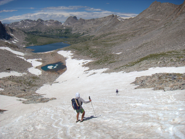 From Sentry Peak Pass, the next obvious high point is Photo Pass, 4.5 miles across the upper Middle Fork valley. In the event of bad weather, there is a low-elevation bypass via Halls Lake.