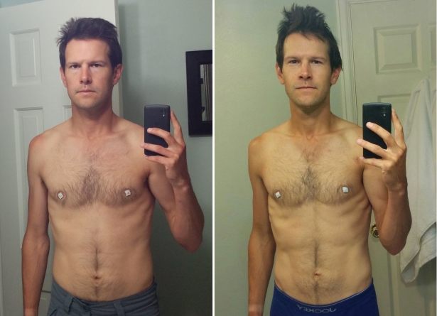 The bed head and nipple tape haven't changed, but my body has definitely leaned out with better diet and extreme training. May 31 versus September 15