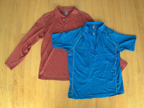 Sierra Designs Long-Sleeve Pack Polo (red) and Ibex Echo Sport Zip (blue). These exact shirts, or shirts with similar fabrics, fit and features, serve well as short- and long-sleeve hiking shirts.
