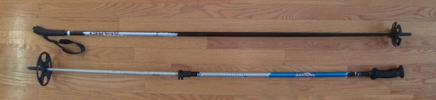 Two types of ski poles: adjustable and fixed. The latter are more versatile, but the former are stiffer, lighter, and less expensive.