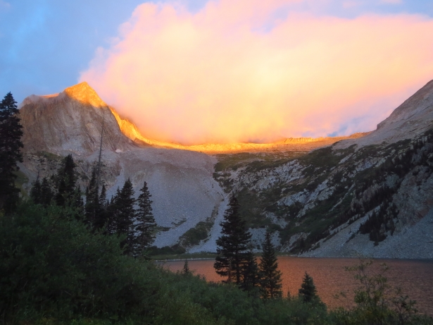 This is Snowmass Lake at sunrise, on the way up to Snowmass Peak.