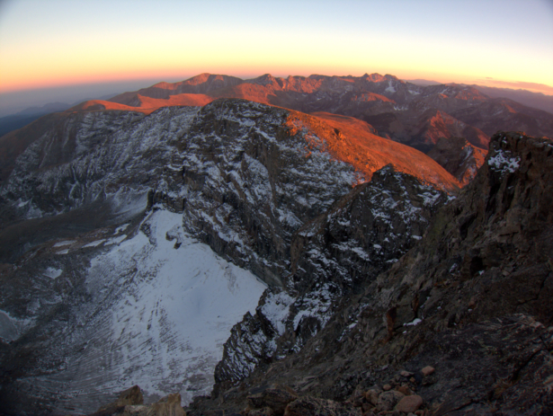 Sunset and the St. Vrain Glaciers, as seen from the Continental Divide near the boundary of Rocky Mountain National Park and the Indian Peaks Wilderness